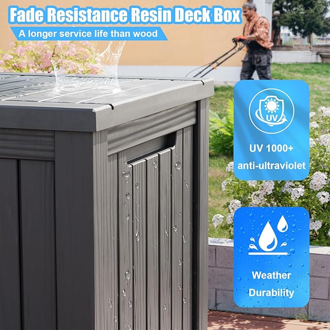 180 Gallon Deck Box,Resin Outdoor Storage Box with Lockable for Patio Furniture, Pool Accessories, Garden Tools Waterproof Outside Storage Box, Grey-VerdiqueGarden