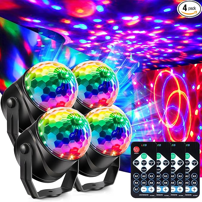 4-Pack DJ Disco Ball, Party Lights Sound Activated with Remote, Strobe Light for Home Room Dance Birthday Party Supplies, Stage Lamp for New Years Birthday Halloween Christmas Decorations-VerdiqueGarden