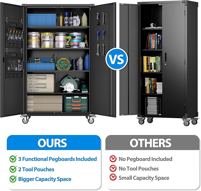 Upgraded Wide & Deep Extra Large Metal Storage Cabinet on Wheels,Lockable Garage Cabinets with 3 Pegboards,2 Tool Pouches for Garage,Office,Assembly Required,Black,43.3''W x 21.6''D x 72''H-VerdiqueGarden