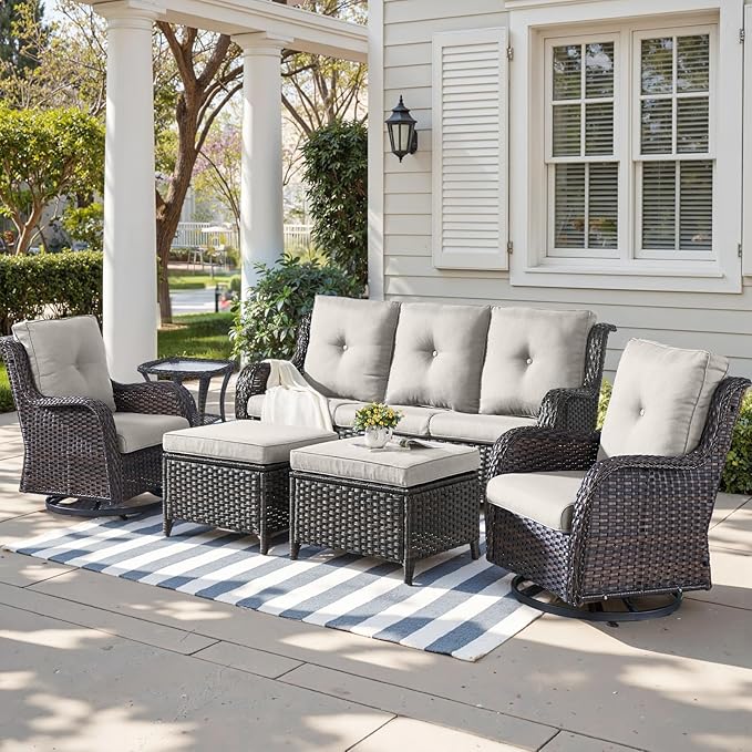 Outdoor Wicker Patio Furniture Set - 6 Piece Rattan Patio Conversation Set with 2 Rocking Swivel Chairs,2 Ottomans,1 Sofa and 1 Side Table for Porch Deck Backyard Garden(Brown/Beige)-VerdiqueGarden
