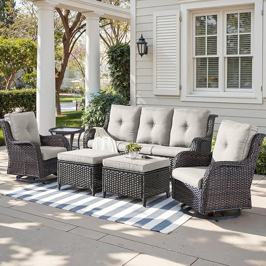 Outdoor Wicker Patio Furniture Set - 6 Piece Rattan Patio Conversation Set with 2 Rocking Swivel Chairs,2 Ottomans,1 Sofa and 1 Side Table for Porch Deck Backyard Garden(Brown/Beige)-VerdiqueGarden