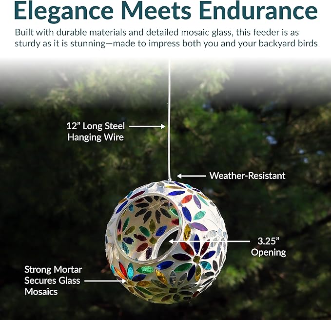 Sunnydaze 6-Inch Glass Mosaic Hanging Bird Feeder for Outdoors - Fly-Through Wild Bird Feeder - Rainbow Daisies-VerdiqueGarden