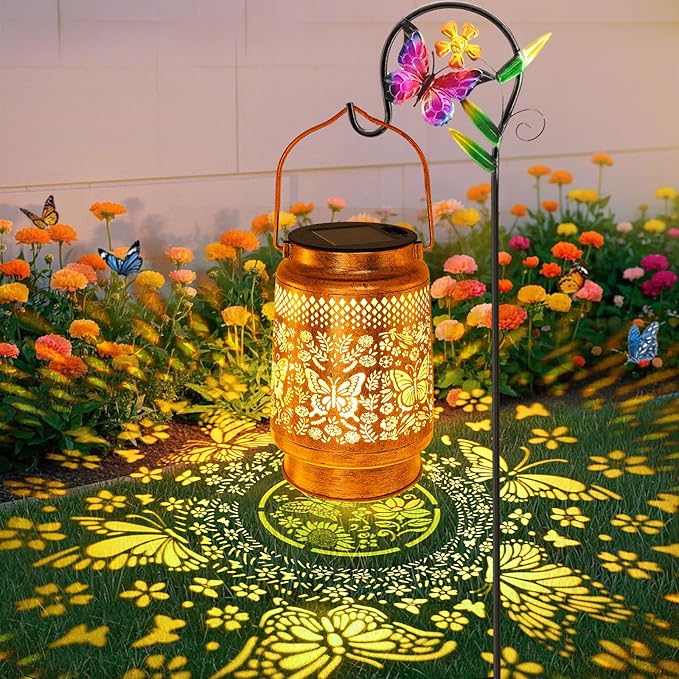 Solar Lanterns Outdoor Garden Decor Butterfly Hanging Lantern Lights, Birthday Gifts for Women Mom Grandma Waterproof Metal Solar Lights LED Decoration with Shepherd Hook for Garden Yard Patio Porch-VerdiqueGarden