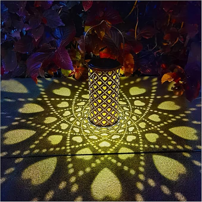 Solar Lanterns Outdoor Hanging Heart Pattern Decor Lantern,Waterproof Hollow Out Metal Decorative Garden Light,Graceful Decoration for Patio,Yard,Landscape,Walkway,Festival-VerdiqueGarden