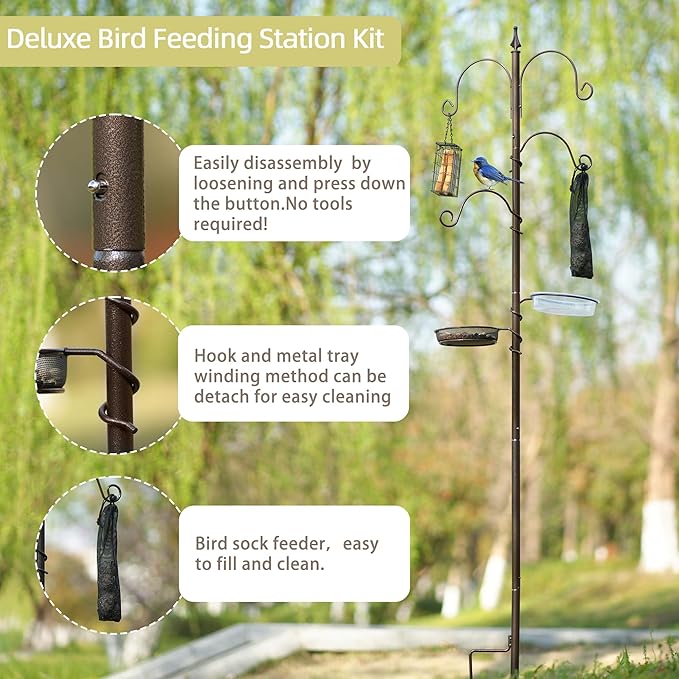 ERYTLLY Bird Feeding Station Kit Bird Feeder Poles,Premium Multi Feeder Hanging Kit with Suet Cage and Bird Bath Bird Food Finch Sock for Attracting Wild Birds and Plants,Baskets,Lanterns,Wind Chimes-VerdiqueGarden
