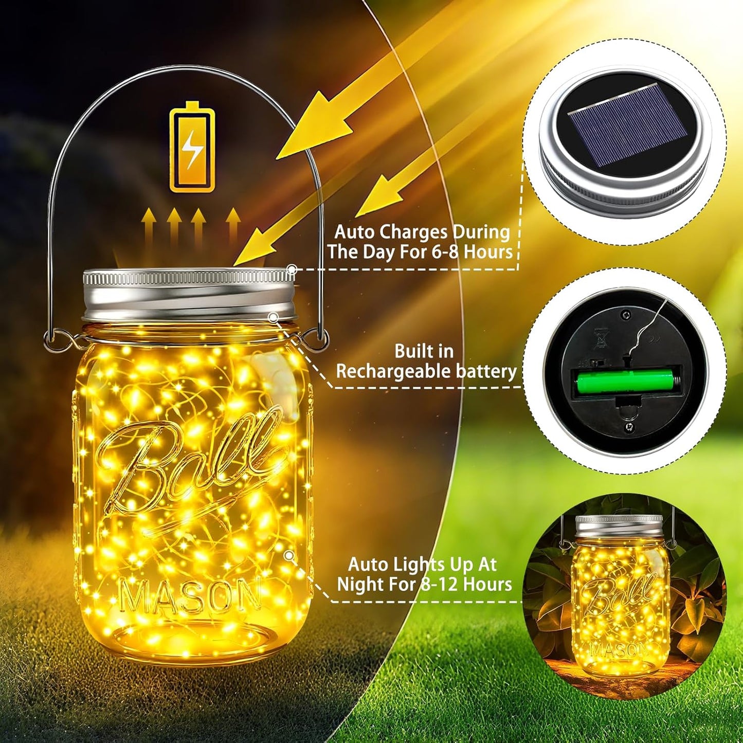 ZNYCYE Mason Jar Solar Lights for Outside, 6 Pack 30 LED Fairy Lights Mason Jar Solar Lids Outdoor Waterproof String Lights with Hangers (No Jars) for Patio Garden Yard Lawn Decor - Warm White-VerdiqueGarden