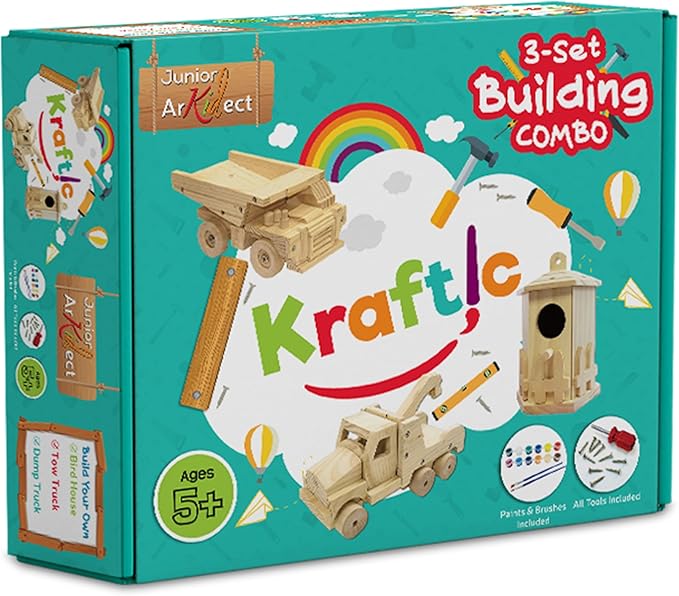 Kraftic Woodworking Building Kit for Kids and Adults, with 3 Educational DIY Carpentry Construction Wood Model Kit Toy Projects for Boys and Girls - Tow Truck, Birdhouse and Dump Truck-VerdiqueGarden