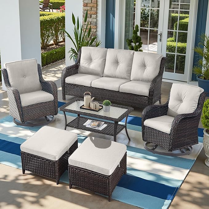 Outdoor Wicker Patio Furniture Set - 6 Piece Rattan Patio Conversation Set with 2 Rocking Swivel Chairs,2 Ottomans,1 Sofa and 1 Coffee Table for Porch Deck Backyard Garden(Brown/Beige)-VerdiqueGarden