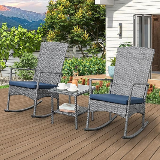 Rocking Chair Outdoor 3 Pieces High-Backed Patio Rocking Chairs Bistro Table and Chairs Set of 2, Navy Blue-VerdiqueGarden