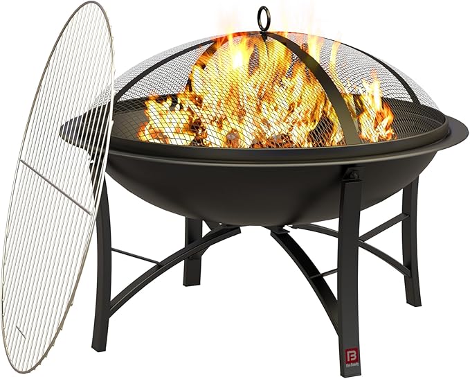 Fire Beauty Fire Pit for Outside Wood Burning,BBQ Grill Steel Fire Bowl with Cooking Grate,Spark Screen Cover,Log Grate,Poker for Camping Beach Bonfire Picnic Backyard Garden-VerdiqueGarden