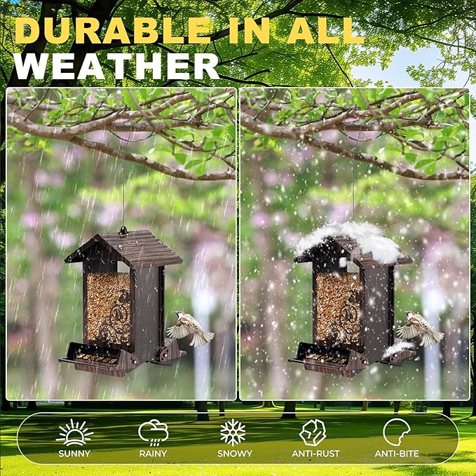 Squirrel Proof Bird Feeder for Outdoor Hanging,Metal Bird Seed Feeder with Bilateral Weight Activated Perches,5LB Large Capacity Wild Bird Feeders for Outside,Easy Refill and Clean,Brown-VerdiqueGarden