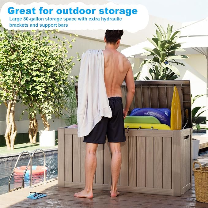 80 Gallon Outdoor Deck Box,Storage Lockable Waterproof Patio Furniture,Garden Tools,Cushions,Pool Accessories Outside Storage Resin Box(Gery)-VerdiqueGarden