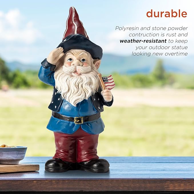 Alpine Corporation 12" Tall Outdoor Patriotic Garden Gnome Saluting Yard Statue Decoration-VerdiqueGarden