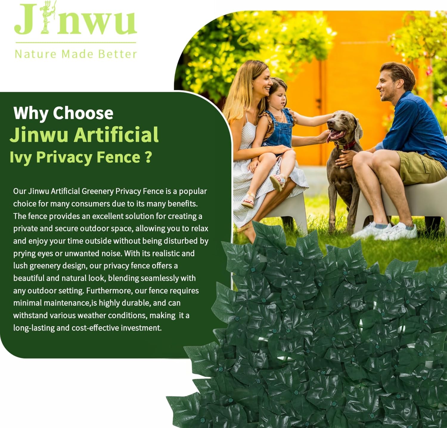 Jinwu Artificial Ivy Privacy Fence Screen (2 Rolls, Total 69x98.4 inch), Expandable Faux Privacy Fence with 79 pcs Zip Ties, Decoration for Outdoor Garden, Solid-Color Sweet Potato Leaf (Budget)-VerdiqueGarden