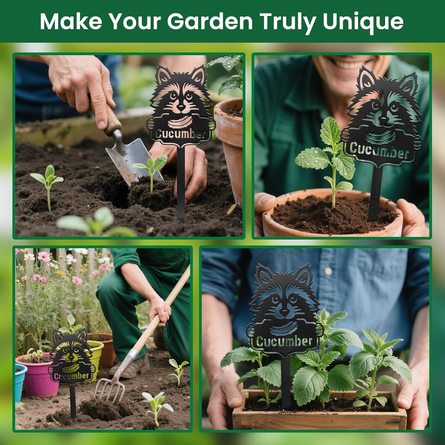 CUTHOLLOW Metal Plant Marker Stake Cucumber and Raccoon for Outdoor Indoor, Waterproof 11.8 inch Cute Garden Plant Labels Sign Tag for Vegetables, Farmhouse Greenhouse Decor - Funny Gardening Gifts-VerdiqueGarden