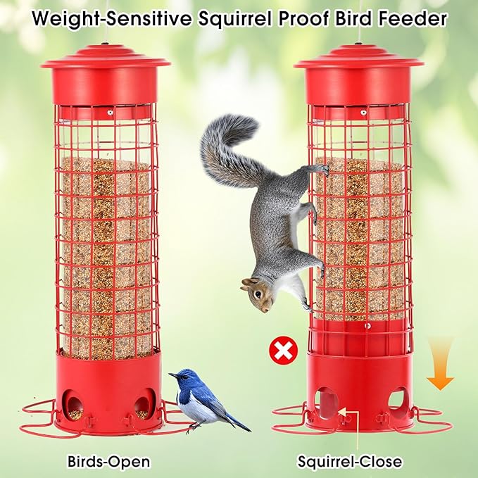Squirrel Proof Bird Feeder for Outdoors, Weatherproof Metal Feeder, 4.5 lb Large Capacity, Weight-Activated Perches, Hanging Feeder for Cardinals, Finches, Wild Birds, Red-VerdiqueGarden