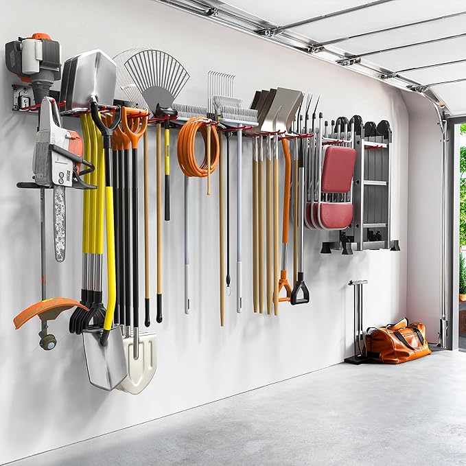 TORACK Garden Tool Organizer Wall Mount, Garage Folding Chair Storage Rack, Tools Rack for Shovels, Rakes, Broom, Ladders, Hooks for Keyhole Style Shelving Unit-VerdiqueGarden