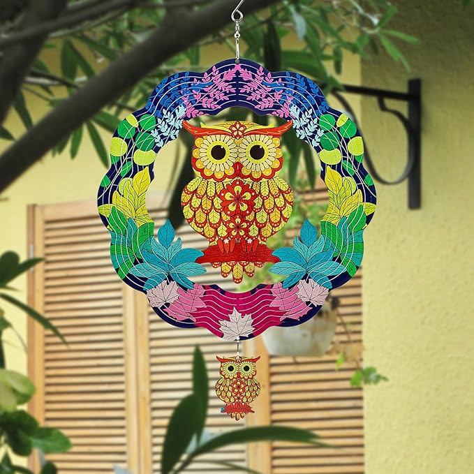 TUOKING Owl Wind Spinners Outdoor Metal 3D Hanging Art Wind Spinner 12 Inch Stainless Steel for Yard and Garden Decoration Worth Gift for Women-VerdiqueGarden