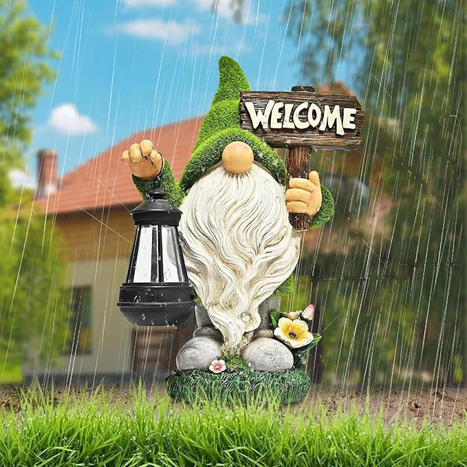Garden Gnome Statue Outdoor Decor Large Flocked Resin Gnome Figurine with Solar Light Holding Lantern Welcome Sign Garden Yard Decorations Dwarf Sculpture for Outside Patio Porch Lawn Decor.-VerdiqueGarden