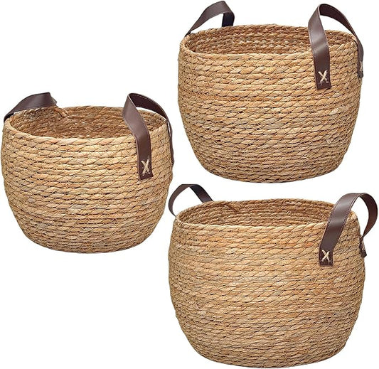 GIB Round Wicker Woven Seagrass Storage Baskets with Leather Handles Set of 3, Natural Decorative Braided Rope Wicker Baskets Bins for Shelves Blankets Organizing, 13", 12" & 11"
