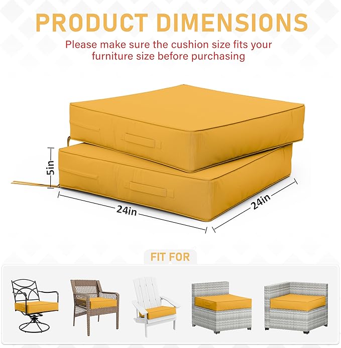 Patio Chair Cushions 24 X 24 X 5 Inch Waterproof Outdoor Seat Cushions for Patio Furniture, Outdoor Sofa Couch Pads with Ties & Handle, Set of 2, Yellow-VerdiqueGarden