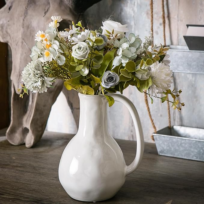 White Ceramic Vase with Big Handles, Modern Farmhouse Decor, Rustic Pottery for Flowers, Decorative Terracotta Centerpiece for Dining Table-VerdiqueGarden