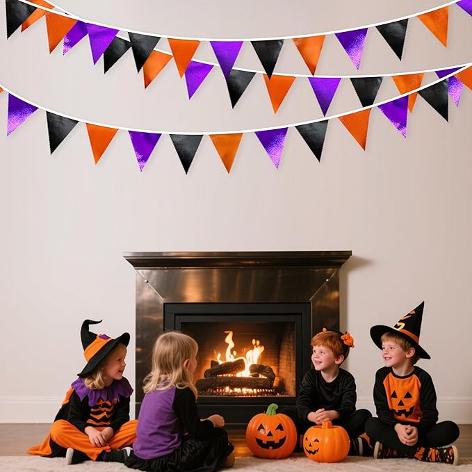 Black Orange Purple Halloween Party Decorations Metallic Fabric Triangle Pennant Banner Flag Bunting Garland for Birthday Baby Shower Bachelorette Trick or Treat Halloween Holiday Party Supplies-VerdiqueGarden