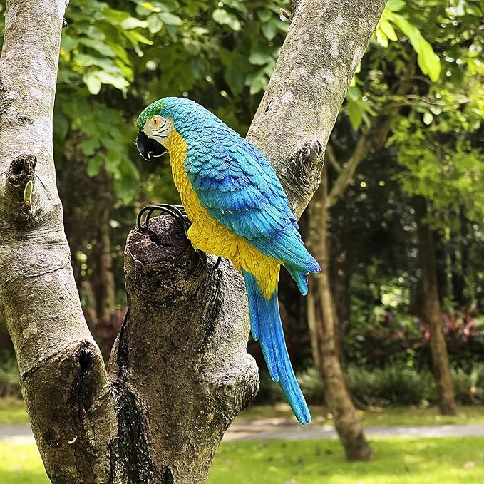 Realistic Parrot Sculpture Resin Hanging Parrots Garden Statues Lifelike Bird Figurines Landscape Ornament Patio Yard Lawn Figurine Tree Decor, Outdoor Garden Wall Statues (Blue)-VerdiqueGarden