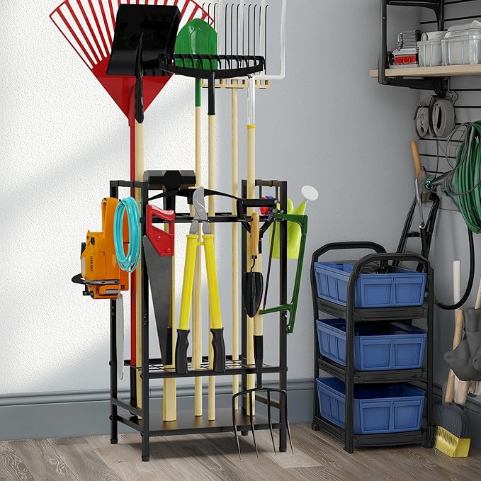 Garden Tool Organizer Rack for Garage, Yard Tool Tower Rack Organizer, Tools Stand Storage with Hooks Black Metal Garden Tools Holder for Yard Shed Garage Organization-VerdiqueGarden