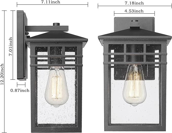 Outdoor Light Fixture Wall Mount, Modern Exterior Lights Fixture Wall Sconces with Seeded Glass for Front Porch, Farmhouse Rustic Waterproof Lantern Lamp in Black Finish for Home, Barn, Garage-VerdiqueGarden
