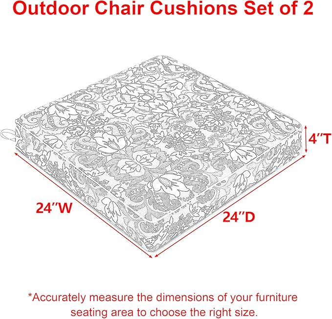 Favoyard Outdoor Chair Cushion 24 x 24 x 4 In Waterproof Pattern Fade Resistant Cushions for Patio Furniture with Removable Cover Attach Straps 28D Foam Insert Cushions Pads for Seat Sofa Couch 2 Pack-VerdiqueGarden