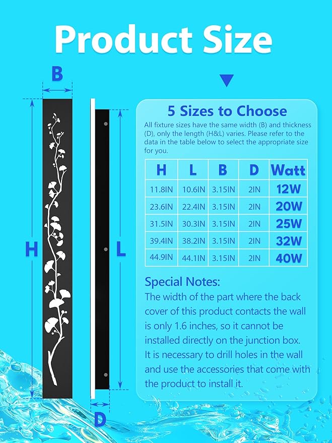 Modern Outdoor Wall Lights 11.8inch LED Long Wall Sconce 3000K Ginkgo Hollow Design Wall Mount Porch Lights 12W Exterior Lighting Fixtures for Patio Balcony Terrace Garden-VerdiqueGarden