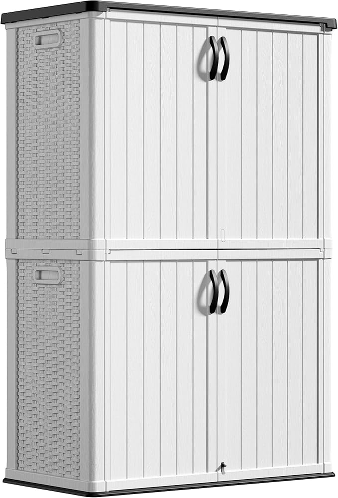 Greesum Outdoor Storage Cabinet Without Shelves, 45 cu.ft Outdoor Waterproof Storage Shed for Garden Tools, Pool Storage, Garbage Cans, White-VerdiqueGarden