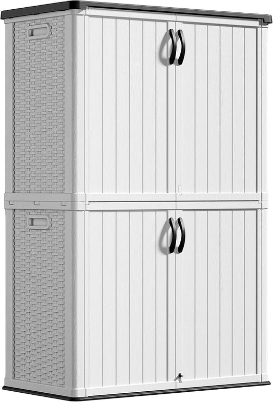Greesum Outdoor Storage Cabinet Without Shelves, 45 cu.ft Outdoor Waterproof Storage Shed for Garden Tools, Pool Storage, Garbage Cans, White-VerdiqueGarden