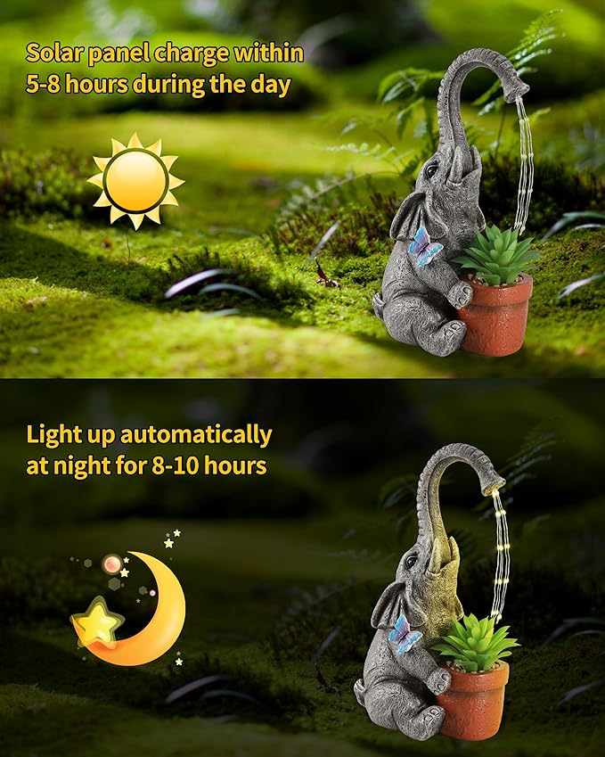 iStatue Solar Elephant Figurine with Succulent Plant Pot - 11'' Hand-Painted Lifelike Resin Lawn Ornaments Statue for Yard Art Garden Decor Gifts (Elephant)-VerdiqueGarden