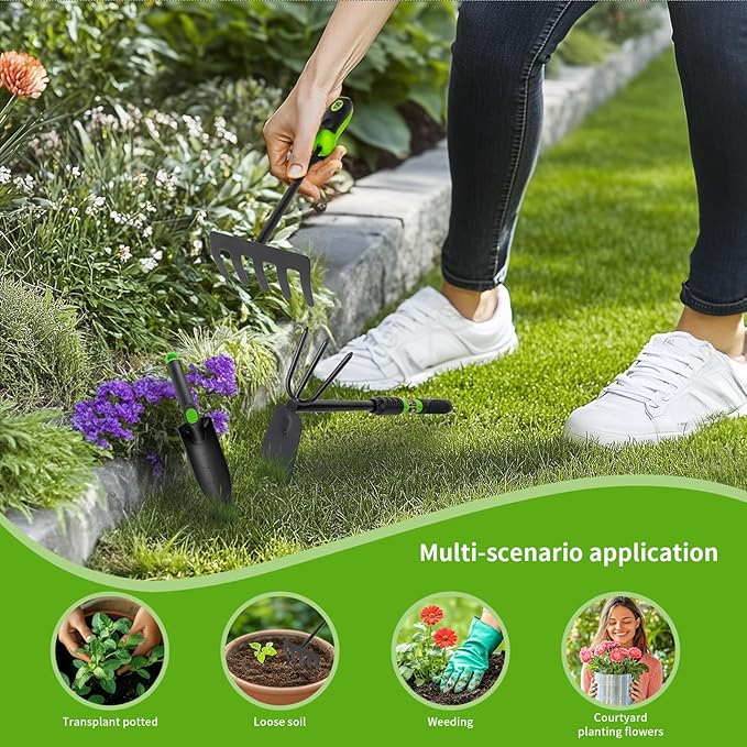 Hoe Garden Tool Set, 3 Piece Handheld Gardening Tools includs Garden Hoe and Cultivator Combo, Mini Hand Rake and Garden Trowel Outdoor Heavy Duty Garden Tools for Weeding or Digging-VerdiqueGarden