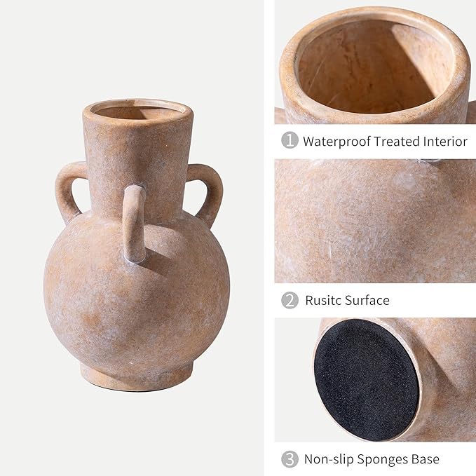 Beige Vintage Terracotta Ceramic Vase with Handles, Rustic Pottery Tulip Vase for Cottage Core Home Mantle Decor, Large Bulk Flower Vases Farmhouse Table Centerpieces, Jarrones Decorativos para Sala-VerdiqueGarden