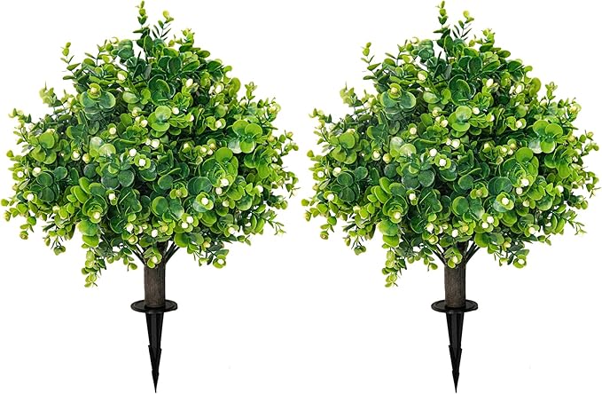 Artificial Boxwood Topiary Ball Trees 21.6" Tall UV Resistant Artificial Bushes, Set of 2 Faux Plants with Spike Easy to Push in The Ground for Indoor Outdoor Garden-VerdiqueGarden