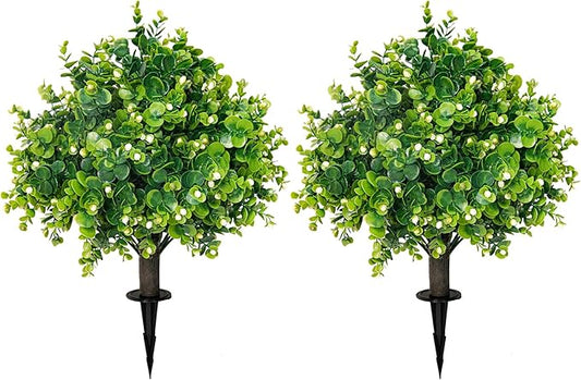 Artificial Boxwood Topiary Ball Trees 21.6" Tall UV Resistant Artificial Bushes, Set of 2 Faux Plants with Spike Easy to Push in The Ground for Indoor Outdoor Garden-VerdiqueGarden