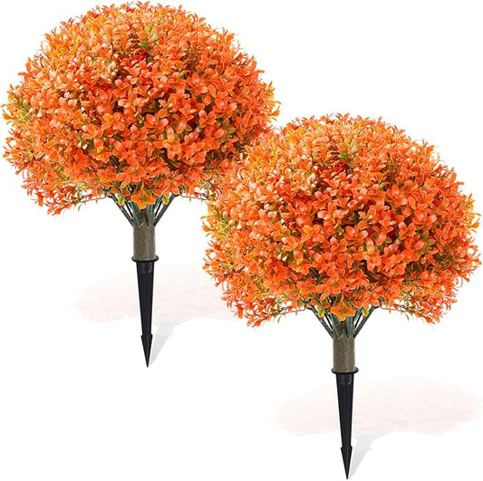 Yunlly 2 Pack 18" Artificial Boxwood Ball Bush Topiary Trees Fake Outdoor Plants, Realistic UV Resistance Faux Shrubs with Spike Greenery Topiary for Front Porch Garden Yard Patio Indoor (Orange)-VerdiqueGarden