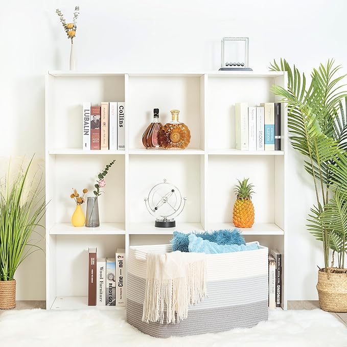 MINTWOOD Design 22in Extra Large Blanket Basket Holder Living Room, Rectangle Rope Woven Storage Basket with Handles for Laundry, Pool Towels, and Shoes, Dog Toy Organizer Bin Box, 3-Tone Light Gray-VerdiqueGarden