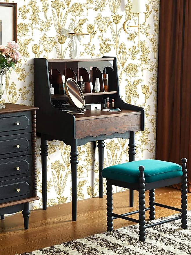 Dimoon 393"x17.3" Floral Wallpaper Peel and Stick Flowers Golden White Contact Paper Thicken Waterproof Modern Self Adhesive Plants Wallpaper Removable Wall Paper Shelf Vinyl Roll-VerdiqueGarden