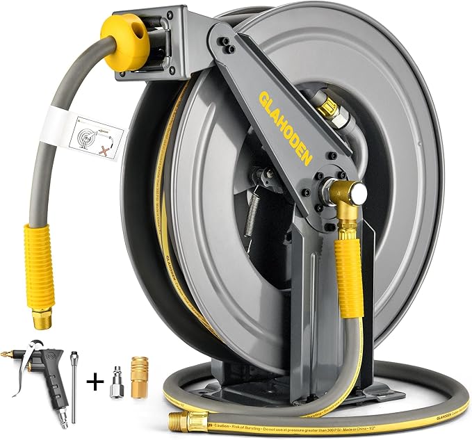 Double Arm Retractable Air Hose Reel, 3/8 in × 80 ft Hybrid Hose Heavy Duty Steel Professional Air Compressor Hose Reel with 5 ft Lead in Max 300PSI Auto Rewind Quick Coupler Swivel Fitting-VerdiqueGarden