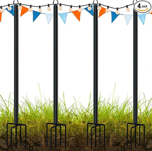 LAND·VOI Metal String Light Poles for Outside Hanging - Backyard, Garden, Patio, 4 Pack Lighting Stand with Adjustable Height for Outdoor Parties, Wedding, Extra-Long 5-Prong Claws, (9.6FT) FLP04B-VerdiqueGarden