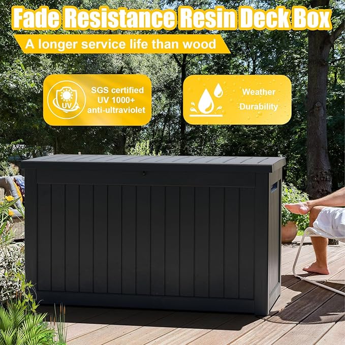 Deck Box - 230 Gallon Large Outdoor Storage box,Waterproof Patio Furniture and Storage Deck - Lockable and UV Resistant, Perfect for Pool and Outdoor Use, Weatherproof Resin, Lockable (Black) -VerdiqueGarden