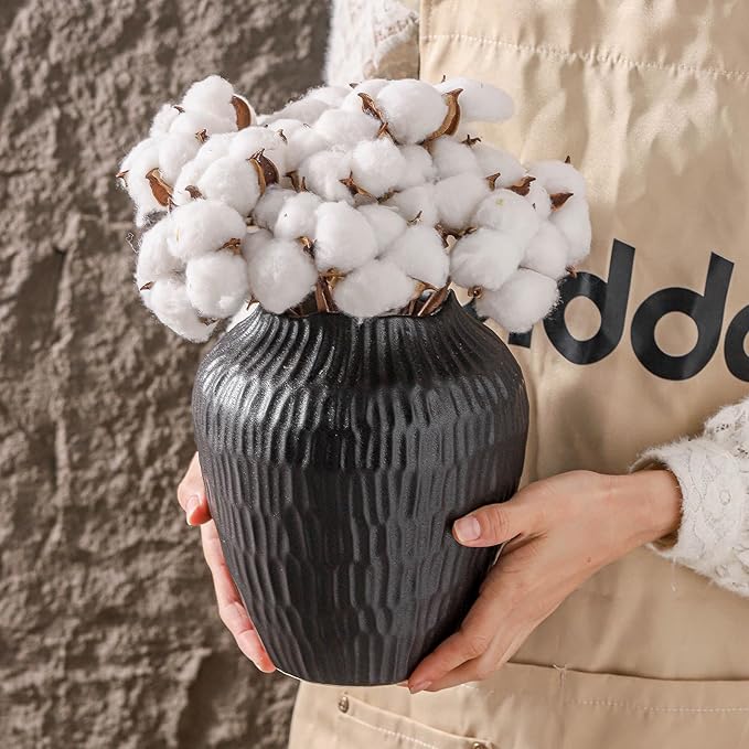 7.8 Inch Black Ceramic Vase - Modern Minimalist Round Vase for Centerpiece, Farmhouse, Living Room-Handcrafted Decorative Design for Dried Flowers, Plants, Home Decor, Rustic & Vintage Styles-VerdiqueGarden