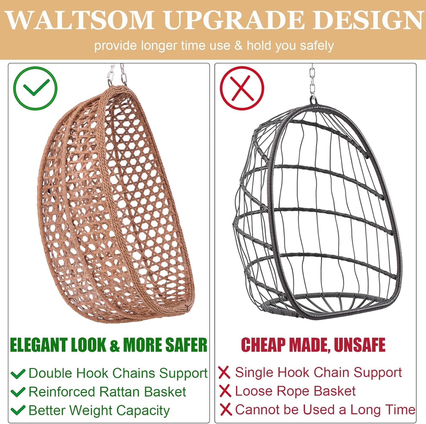 Indoor Hanging Chair with Stand for Bedroom, Hexagon Rattan Wicker Swing Egg Chair for Bedroom Porch Garden Patio Outdoor, Hammock Egg Swing Chair with Cushion,350LBS Capacity (Beige)-VerdiqueGarden