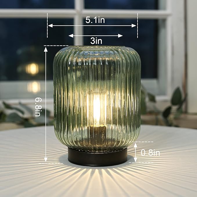 Battery Operated Lamp, Cordless Table Lamps for Home Decor, Battery Powered Nightlight with LED Bulb, Decorative Glass Beside Lamp for Bedroom Living Room-Green-VerdiqueGarden