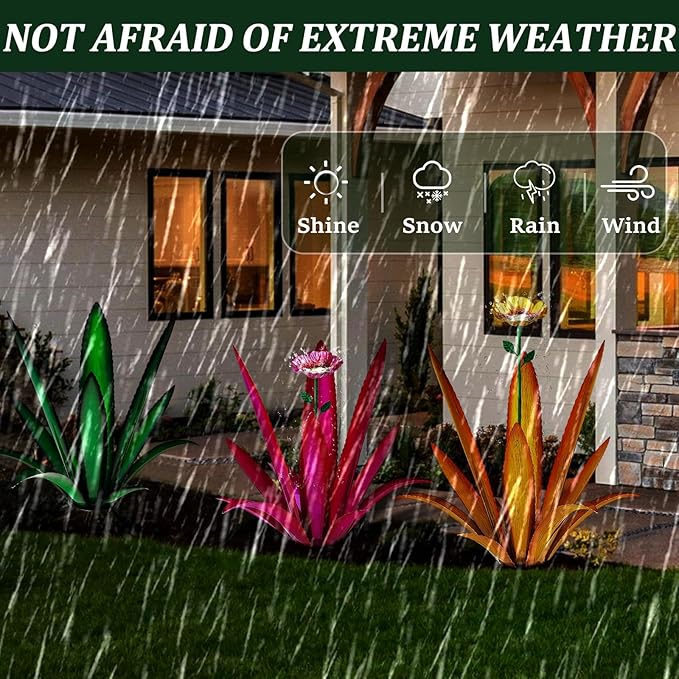 Upgraded Large Metal Yard Art, Metal Agave Plant Yard Decorations Outdoor Sculpture, Metal Flowers for Outside, Waterproof Outdoor Garden Decor (Yellow + Bird Feeder)-VerdiqueGarden