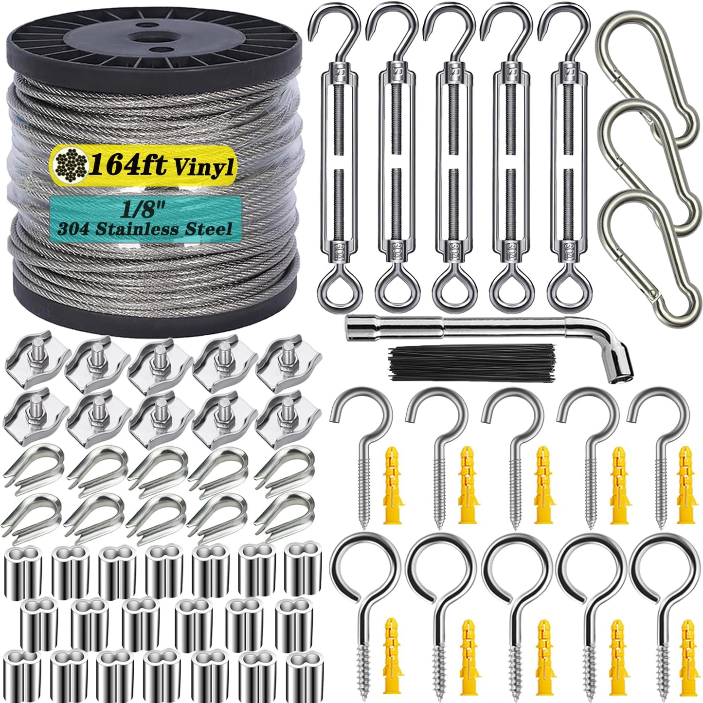 1/8" Wire Rope Kit with M5 Turnbuckles - 164FT Vinyl Coated Stainless Steel Cable, 7x7 Braided Strands Aircraft Cable for Climbing Plants, Outdoor String Lights Hanging-VerdiqueGarden